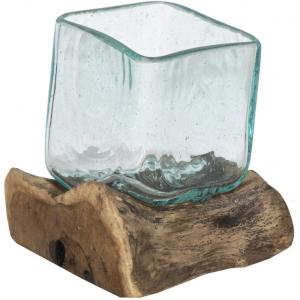 Decowood Glass F Square 15x15 cm vierkante glazen vaas op boomstronk M decoratie